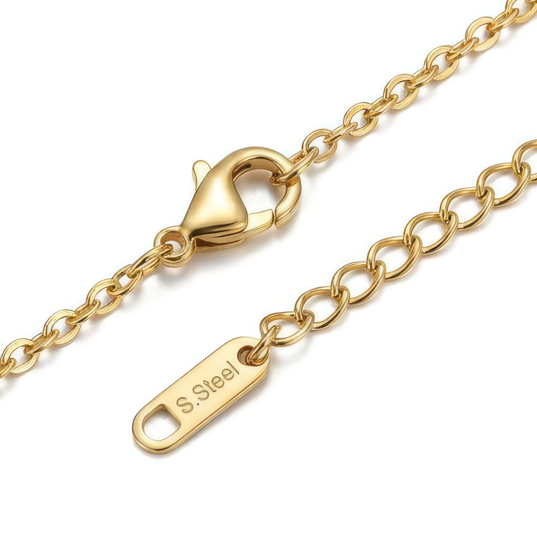 Gold chain bracelet with clasp and 'S. Steel' tag on a white background
