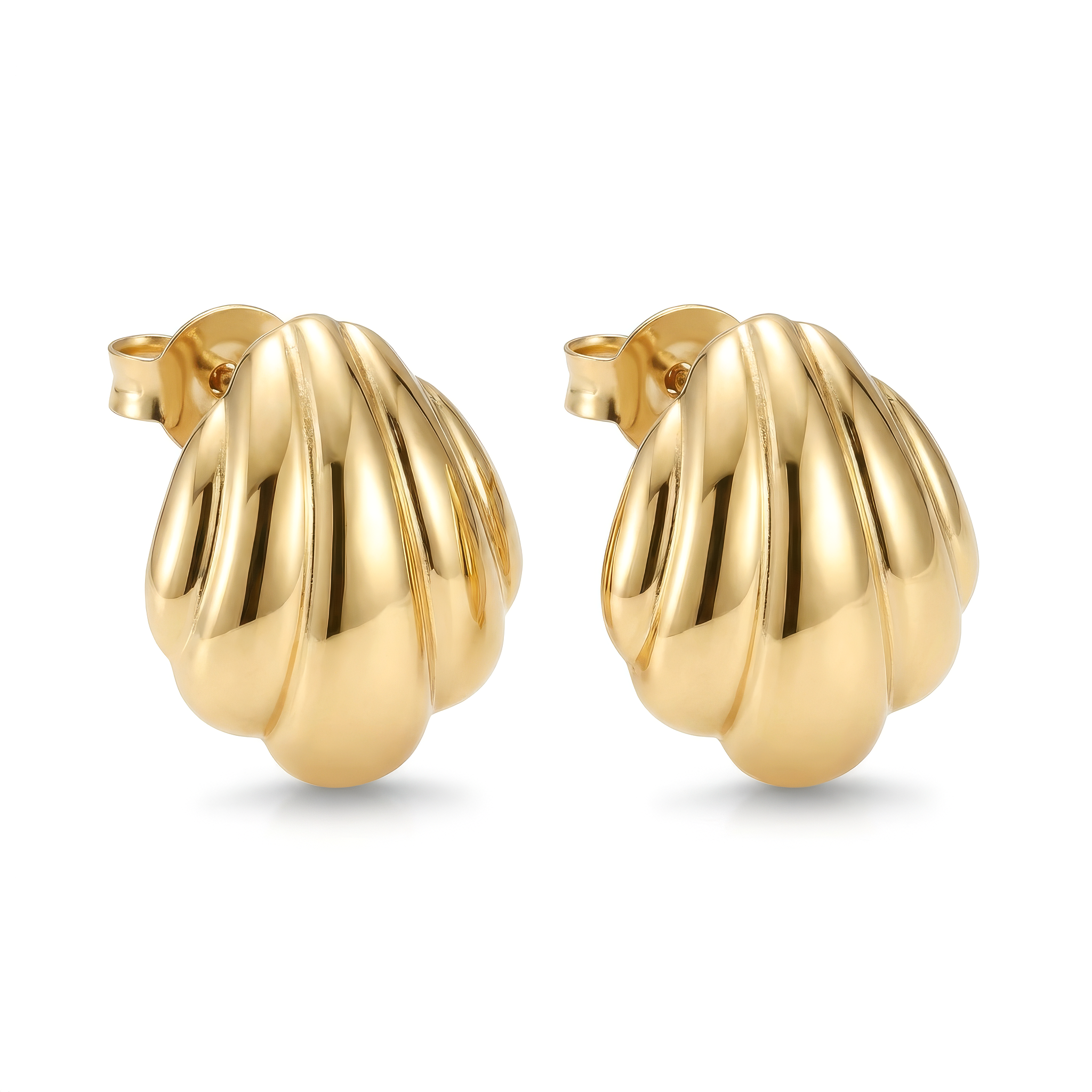 Pair of gold shell-shaped earrings on a white background
