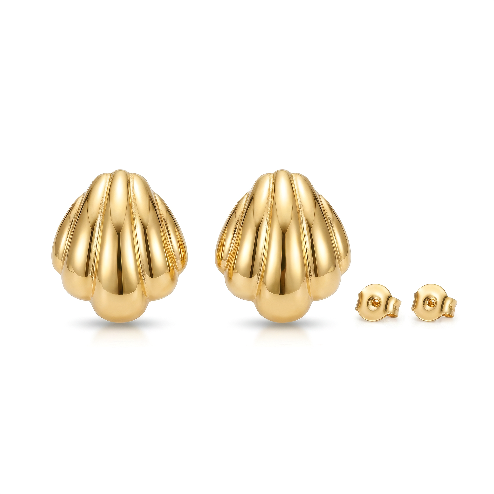 Gold shell-shaped earrings on a white background