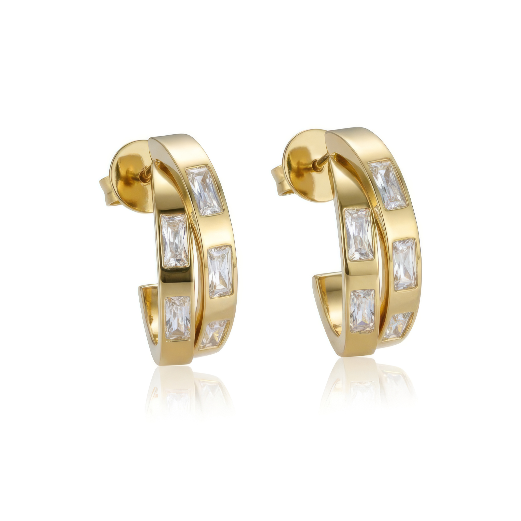 Gold hoop earrings with baguette stones on a white background