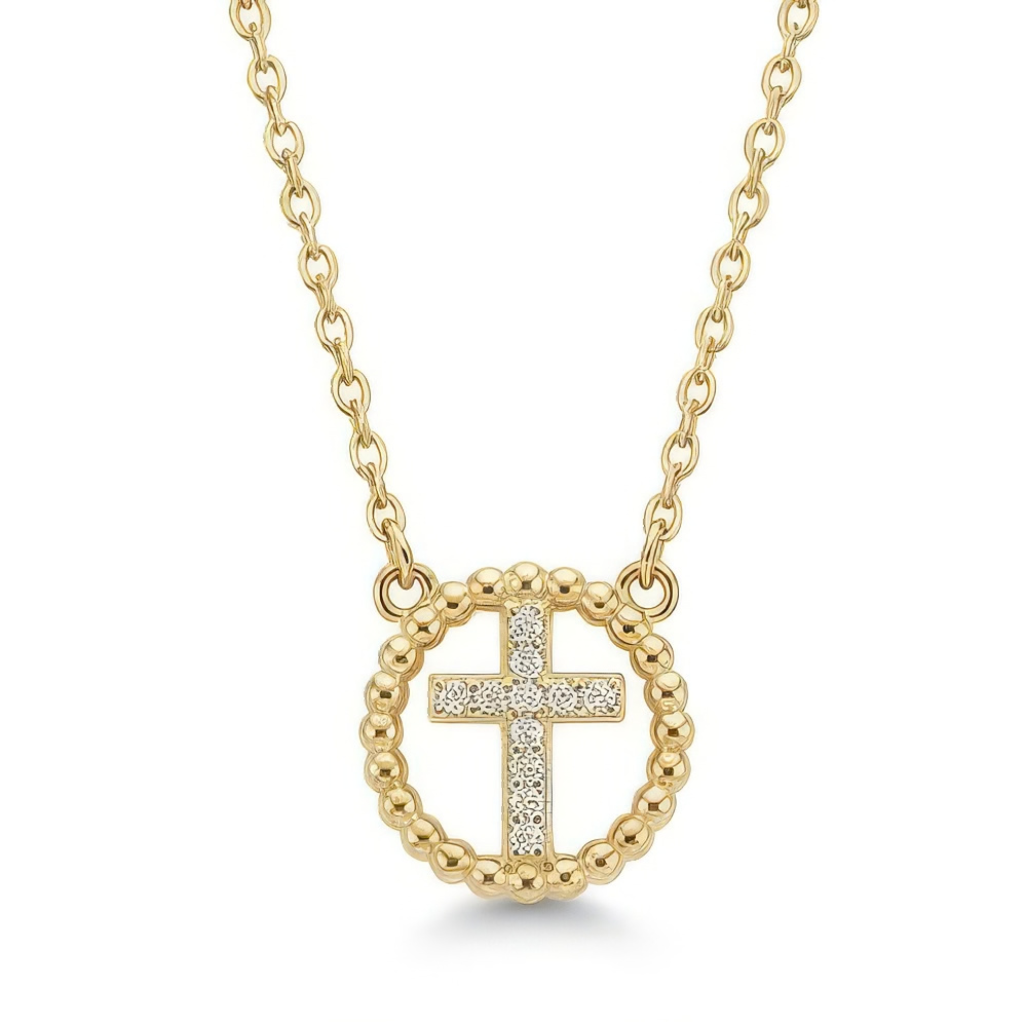 Gold cross necklace with rhinestones on a white background