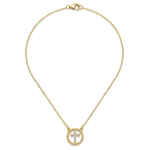 Gold cross necklace with rhinestones on a white background