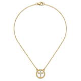 Gold cross necklace with rhinestones on a white background