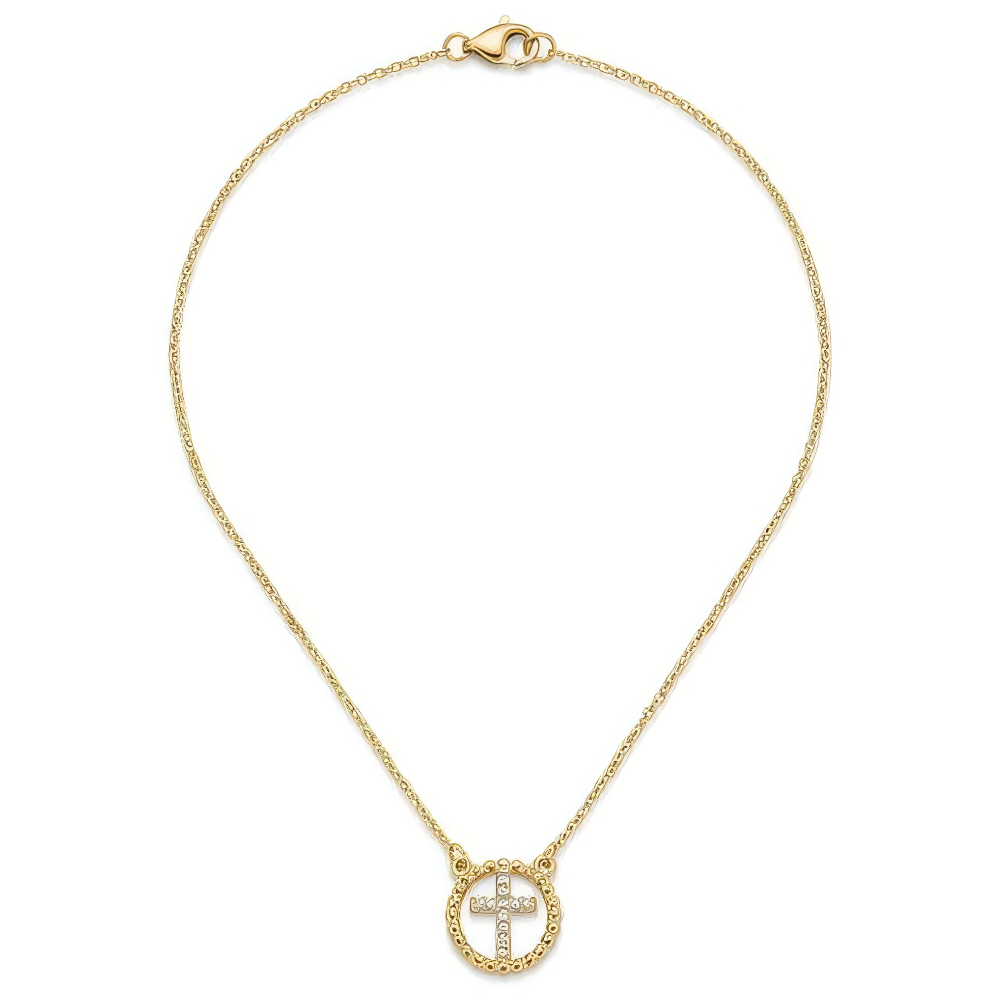 Gold cross necklace with rhinestones on a white background