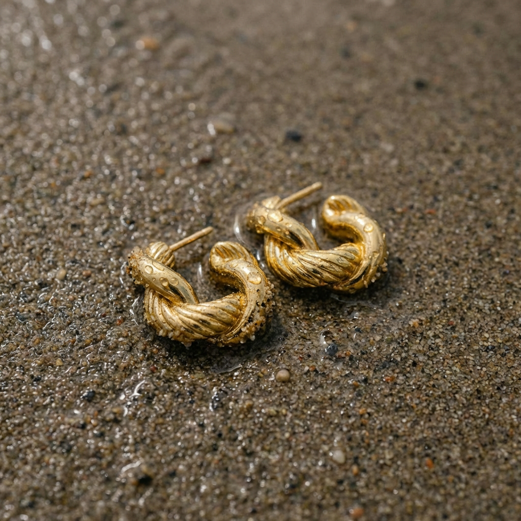 Gold hoop earrings in wet sand