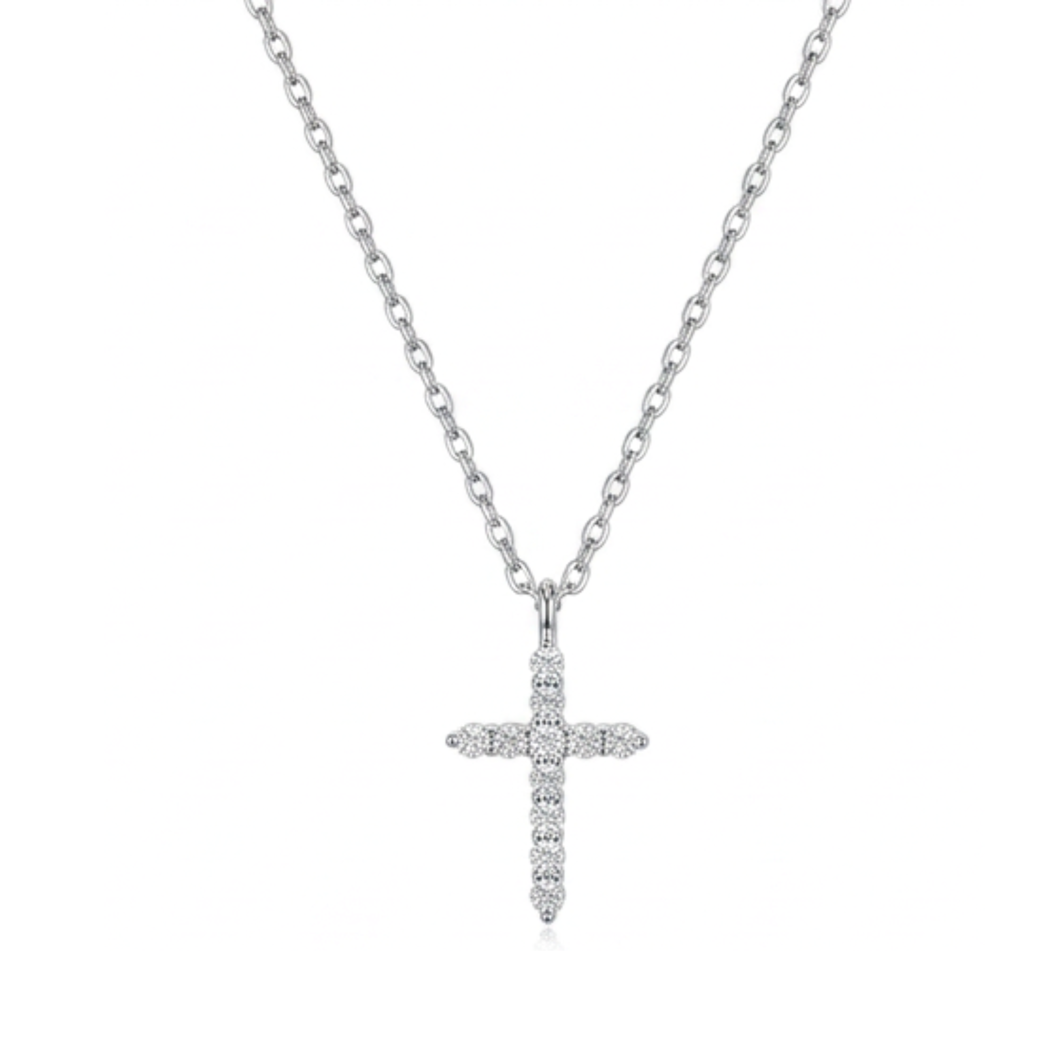 A silver cross pendant necklace adorned with small clear stones, suspended from a delicate silver chain against a plain white background.