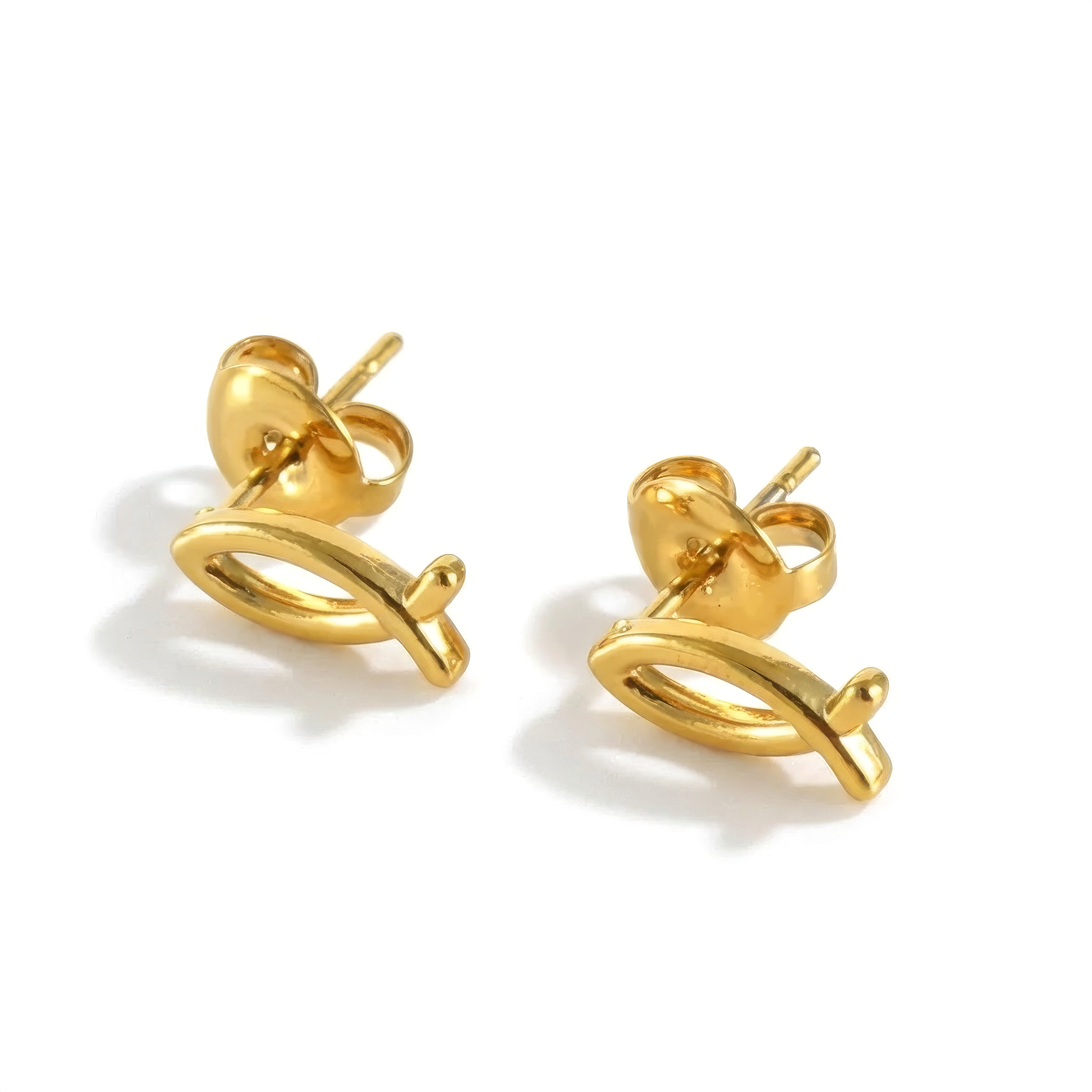 Pair of gold fish-shaped earrings on a white background