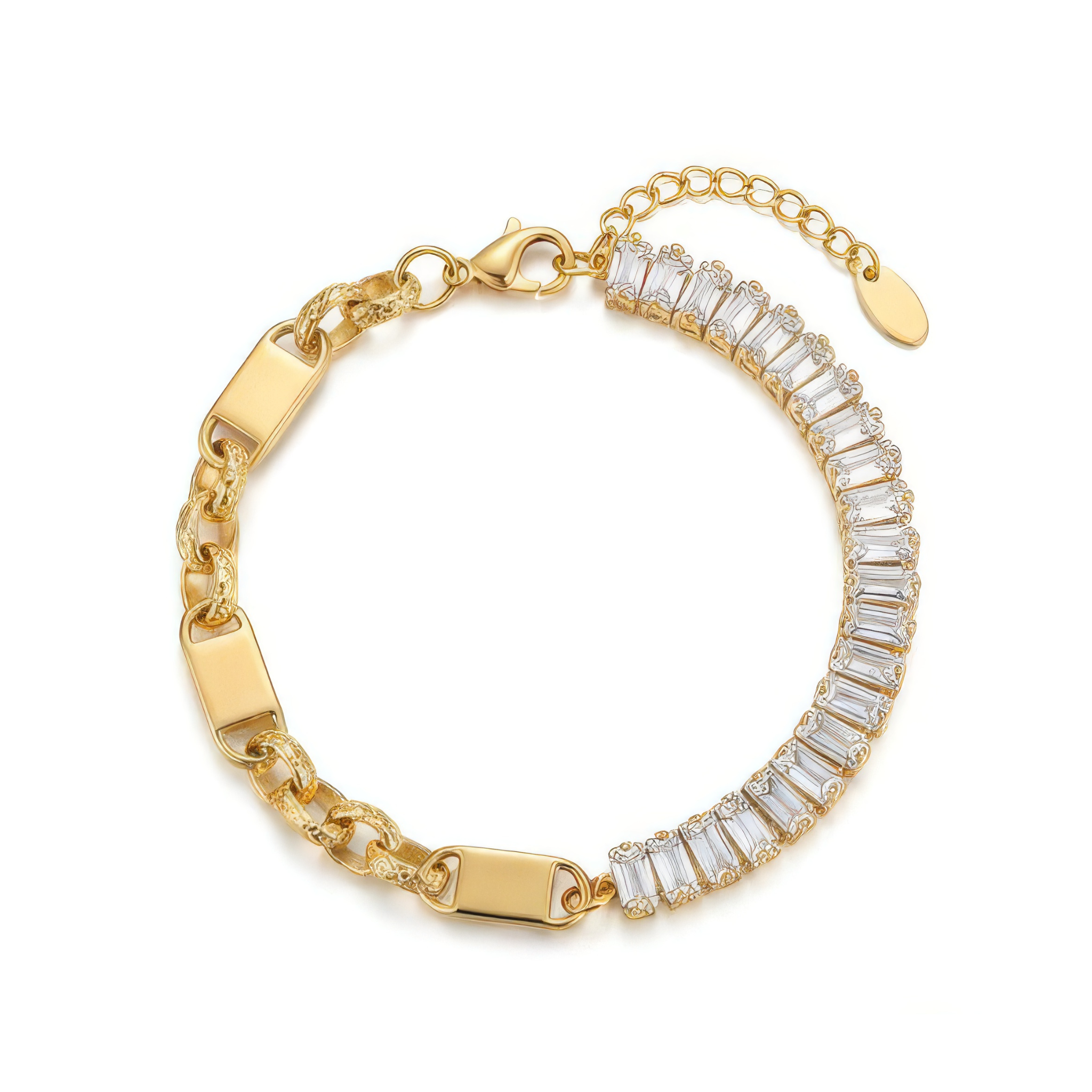 Gold bracelet with clear baguette gemstones on a white background