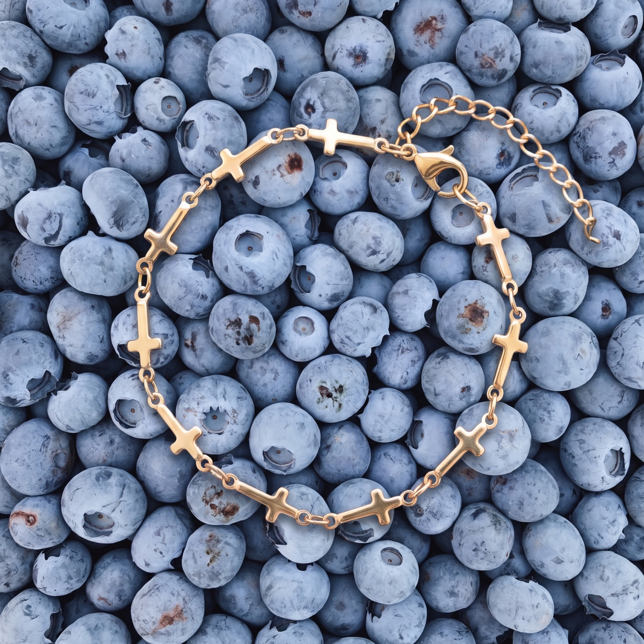 Mini Crosses Bracelet laying over a pile of blueberries.