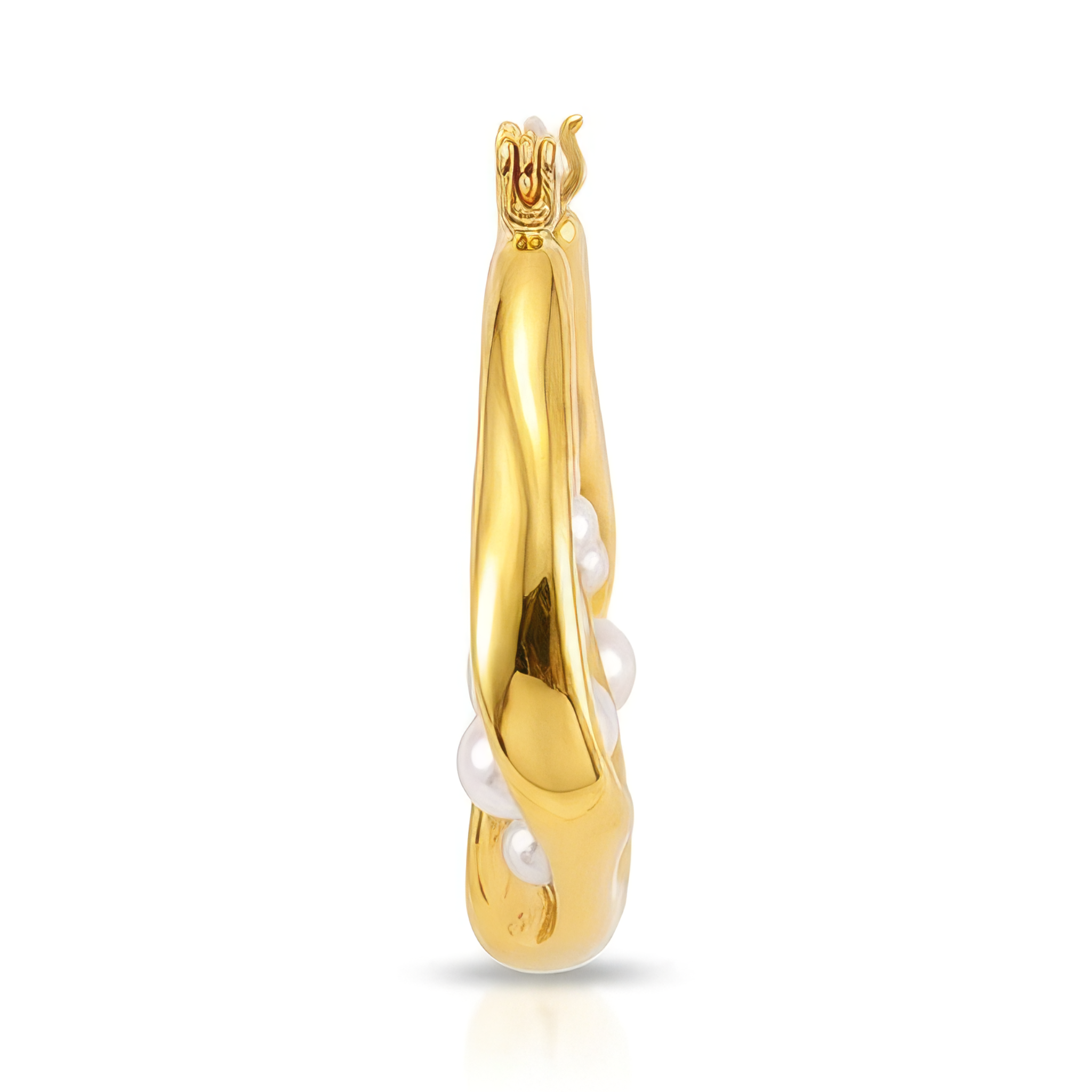 Gold hoop earring with pearls on a white background