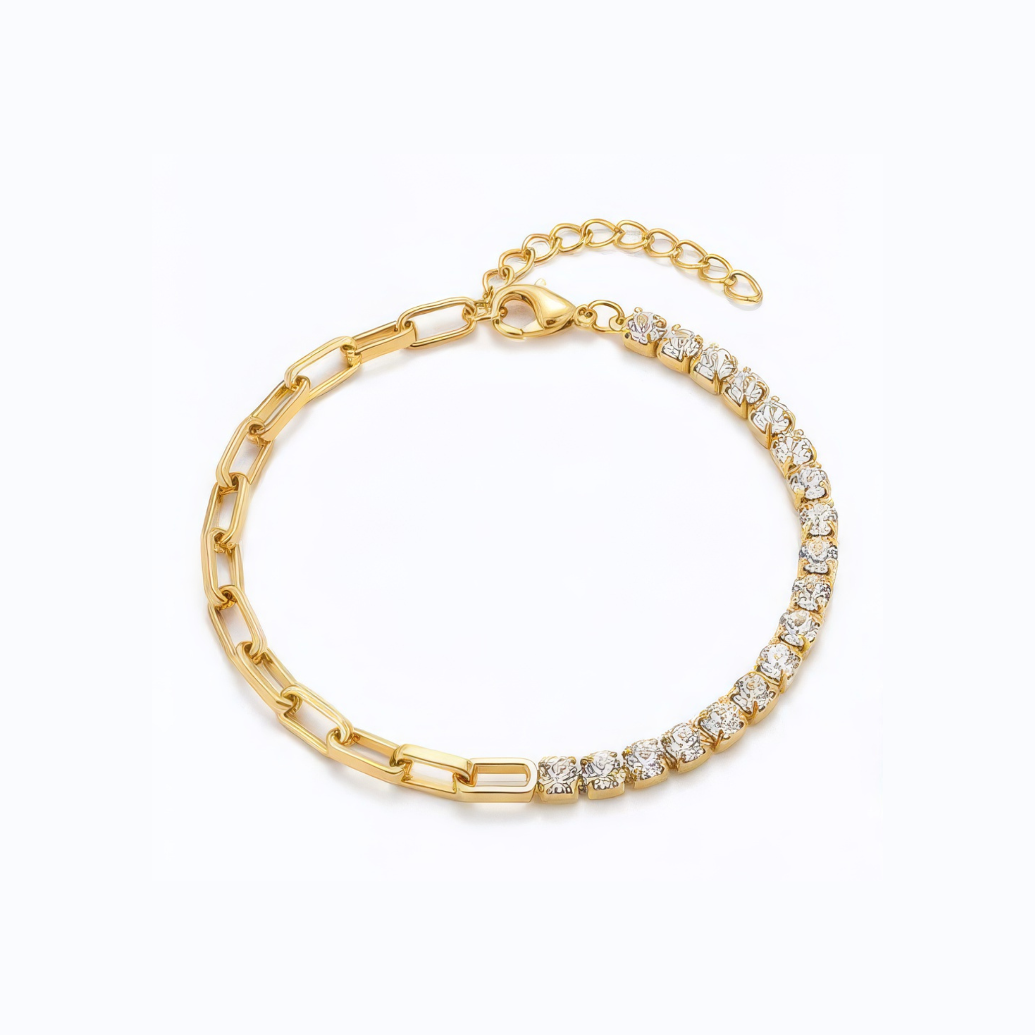 Gold bracelet with clear gemstones on a white background