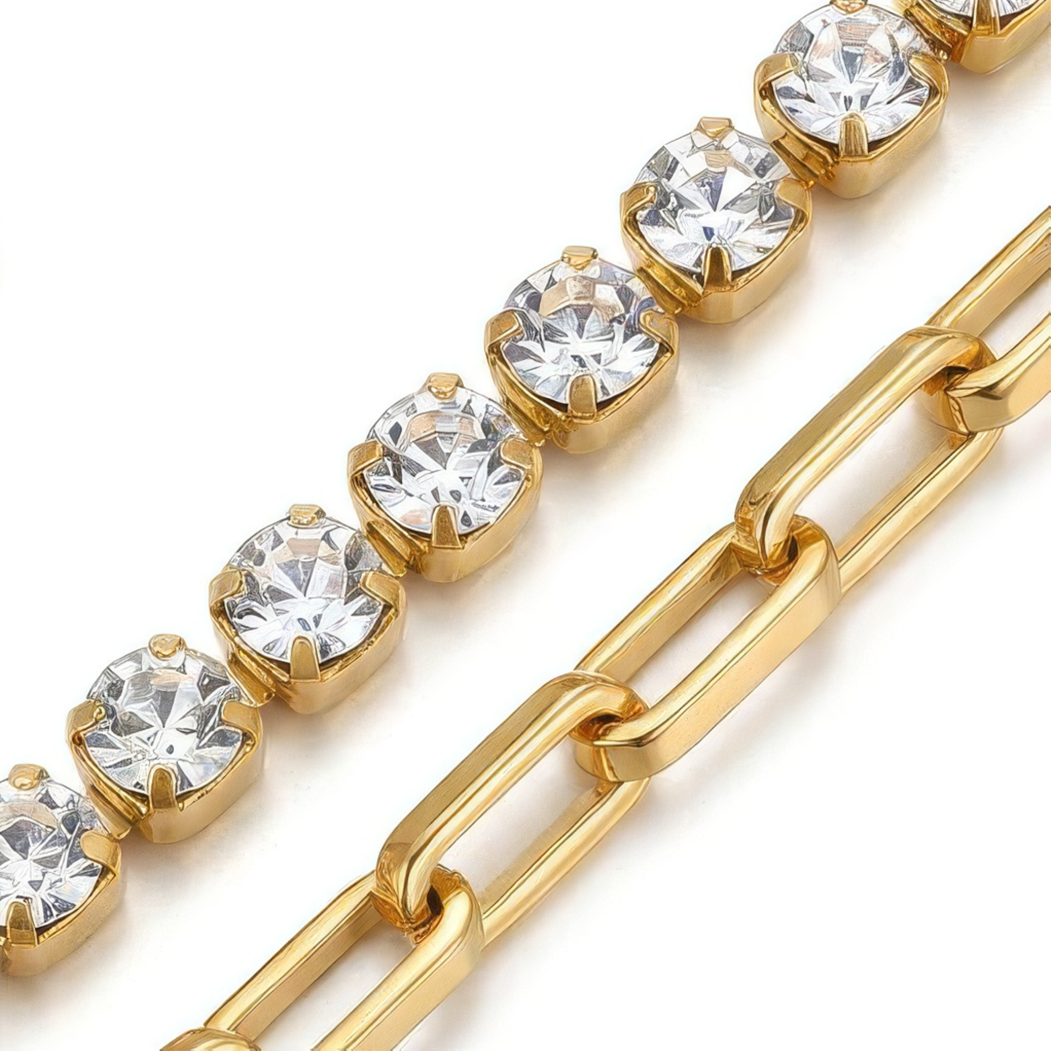 Gold chain bracelet with clear gemstones on a white background