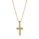 Gold cross necklace with embedded stones on a white background