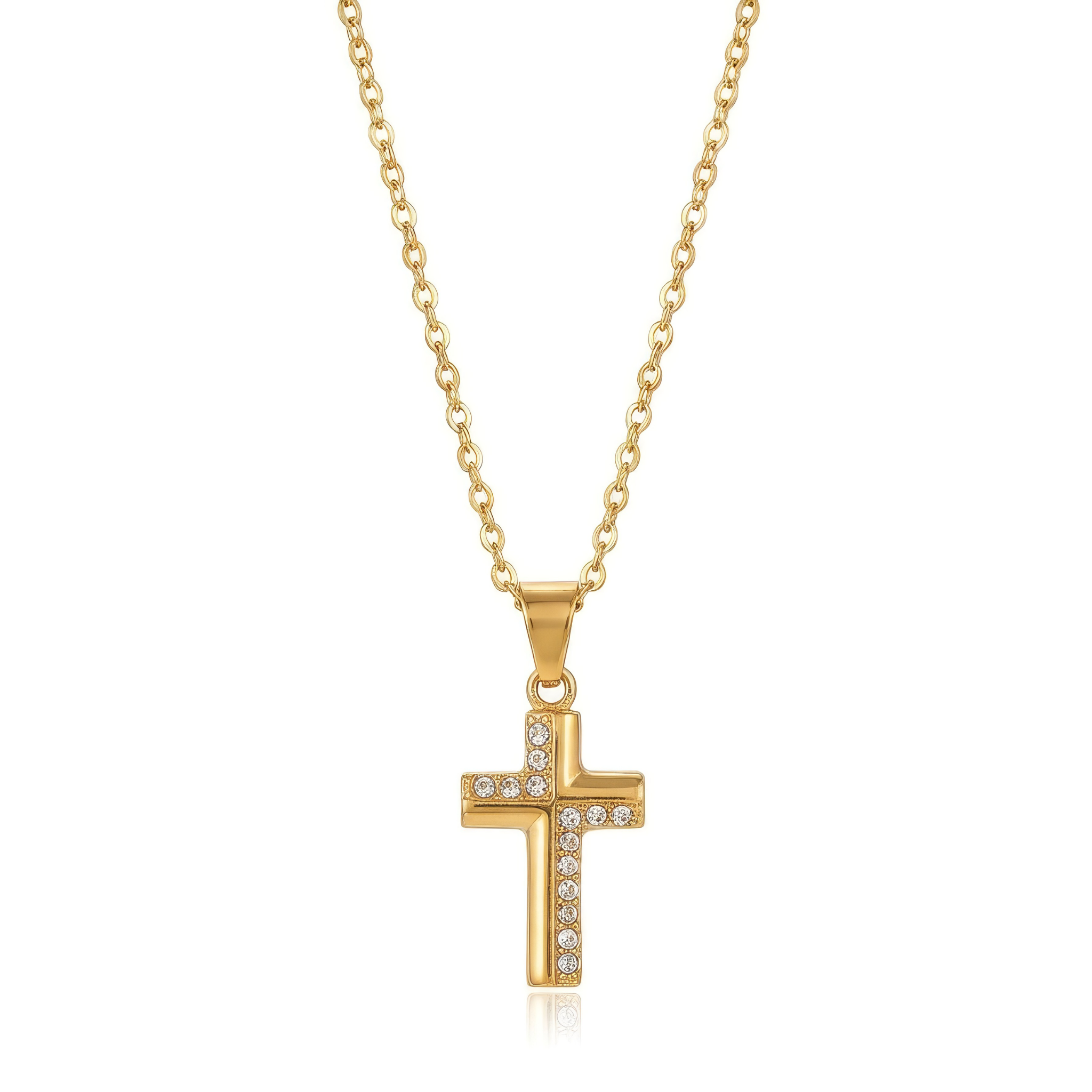 Gold cross necklace with embedded stones on a white background
