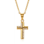 Gold cross necklace with diamonds on a white background