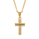 Gold cross necklace with diamonds on a white background