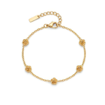 Gold bracelet with five stationary gold rosebud designs spaced out on the chain on a white background