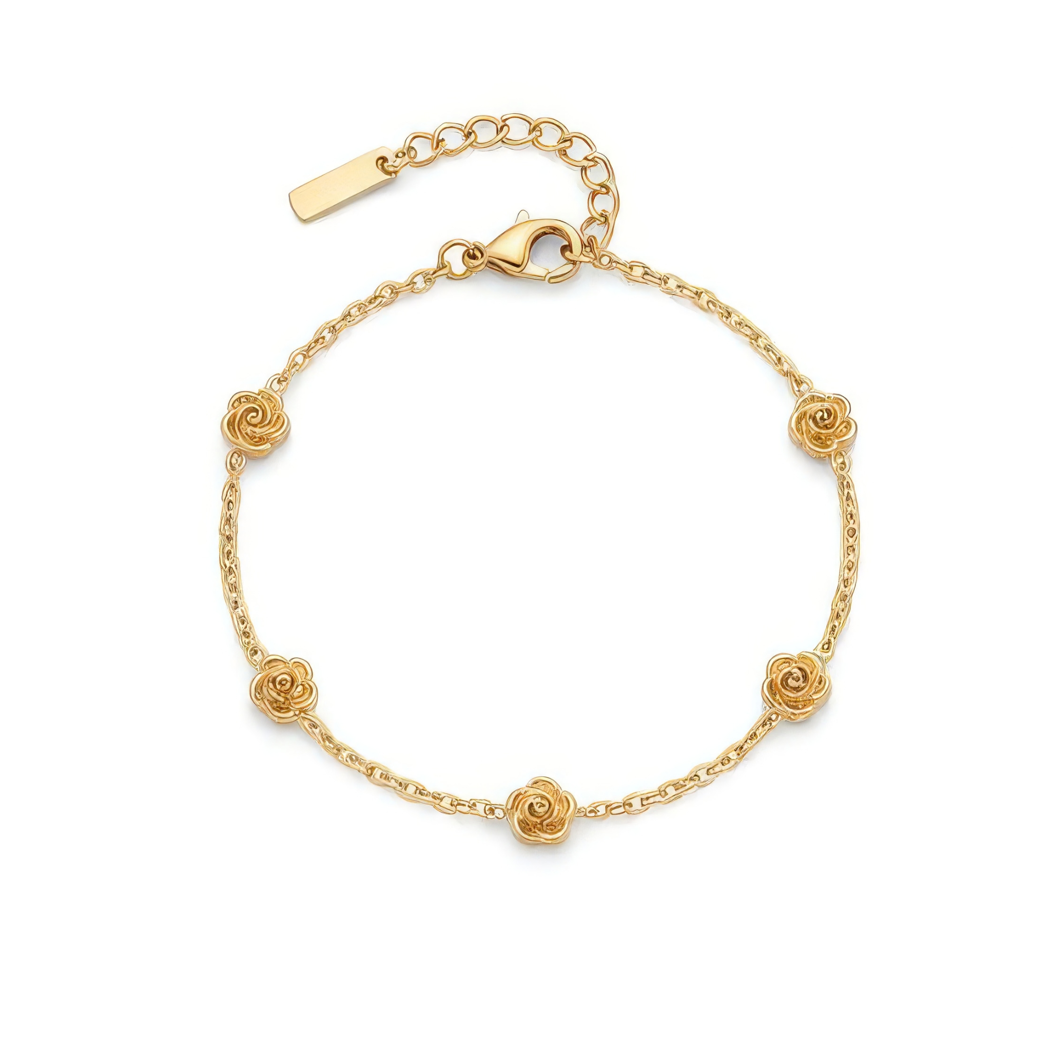 Gold bracelet with five stationary gold rosebud designs spaced out on the chain on a white background