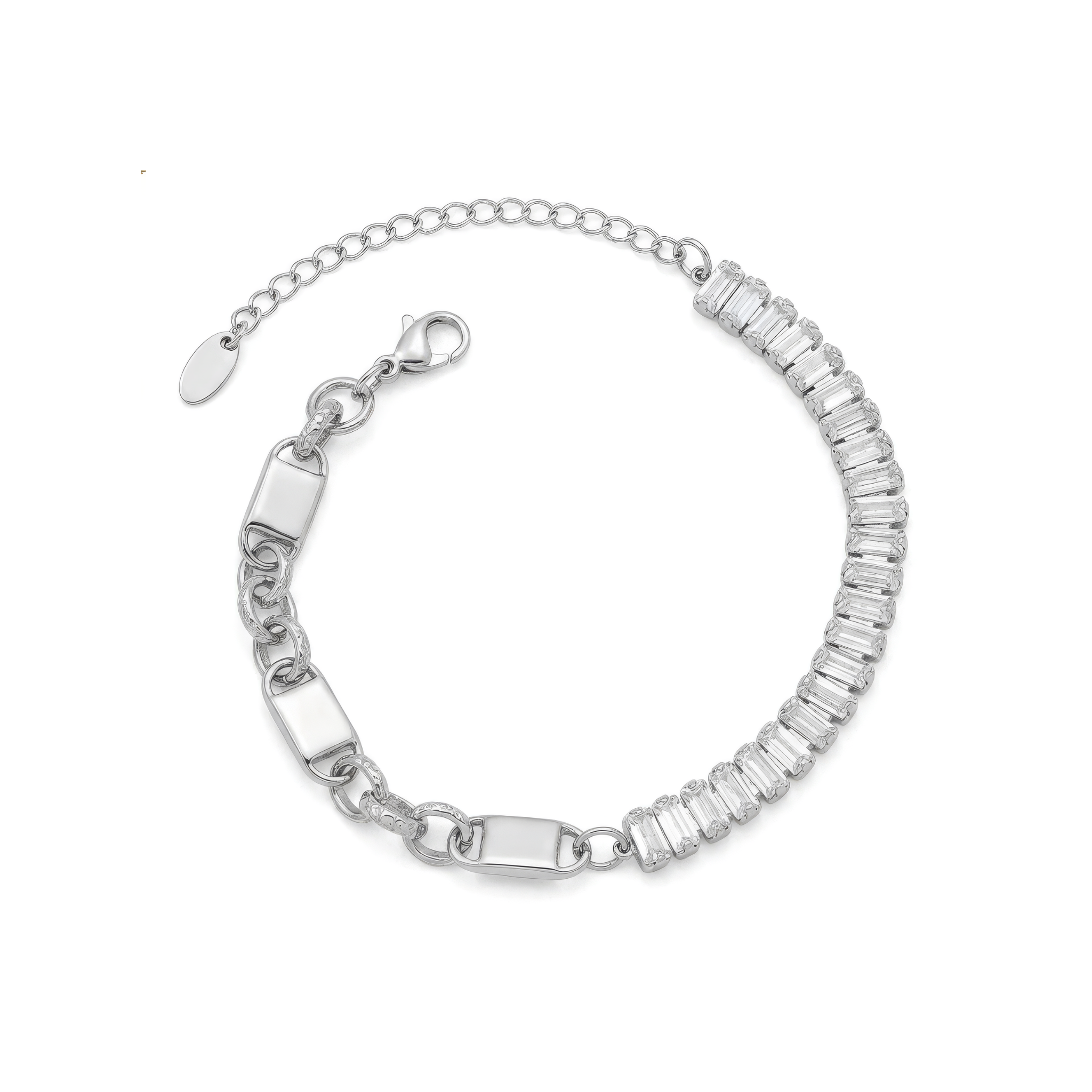Silver bracelet with clear baguette gemstones on a white background