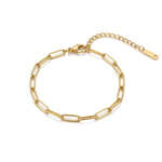 Gold paperclip chain bracelet on a white background