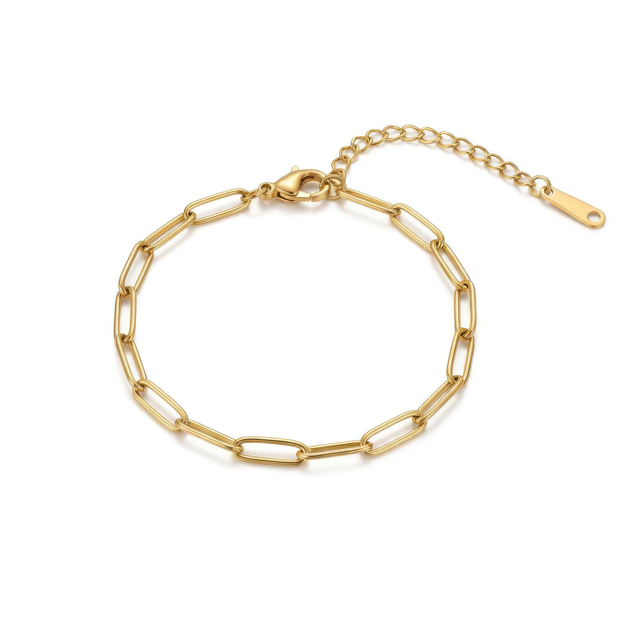 Gold paperclip chain bracelet on a white background