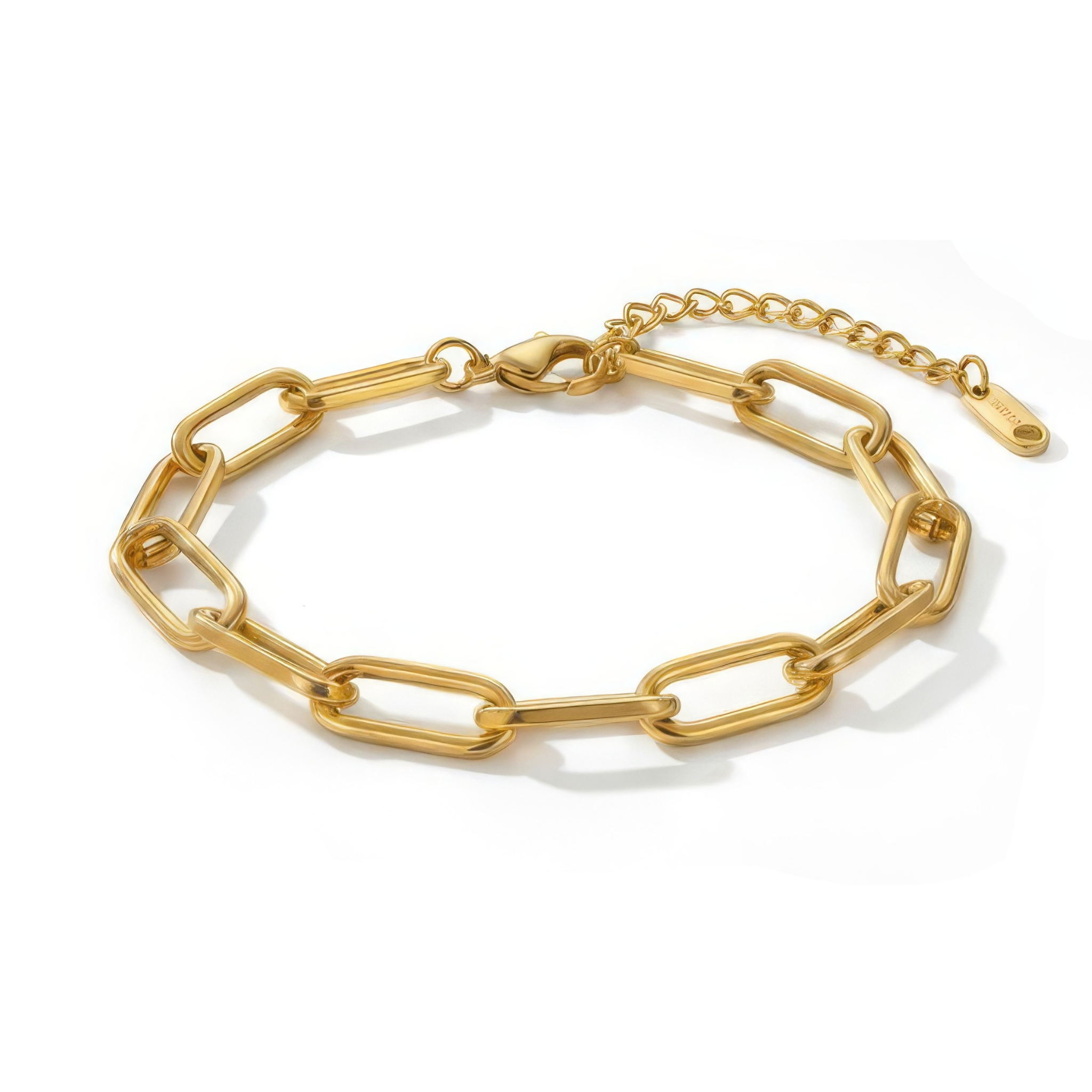 Gold paperclip chain bracelet close-up on white background