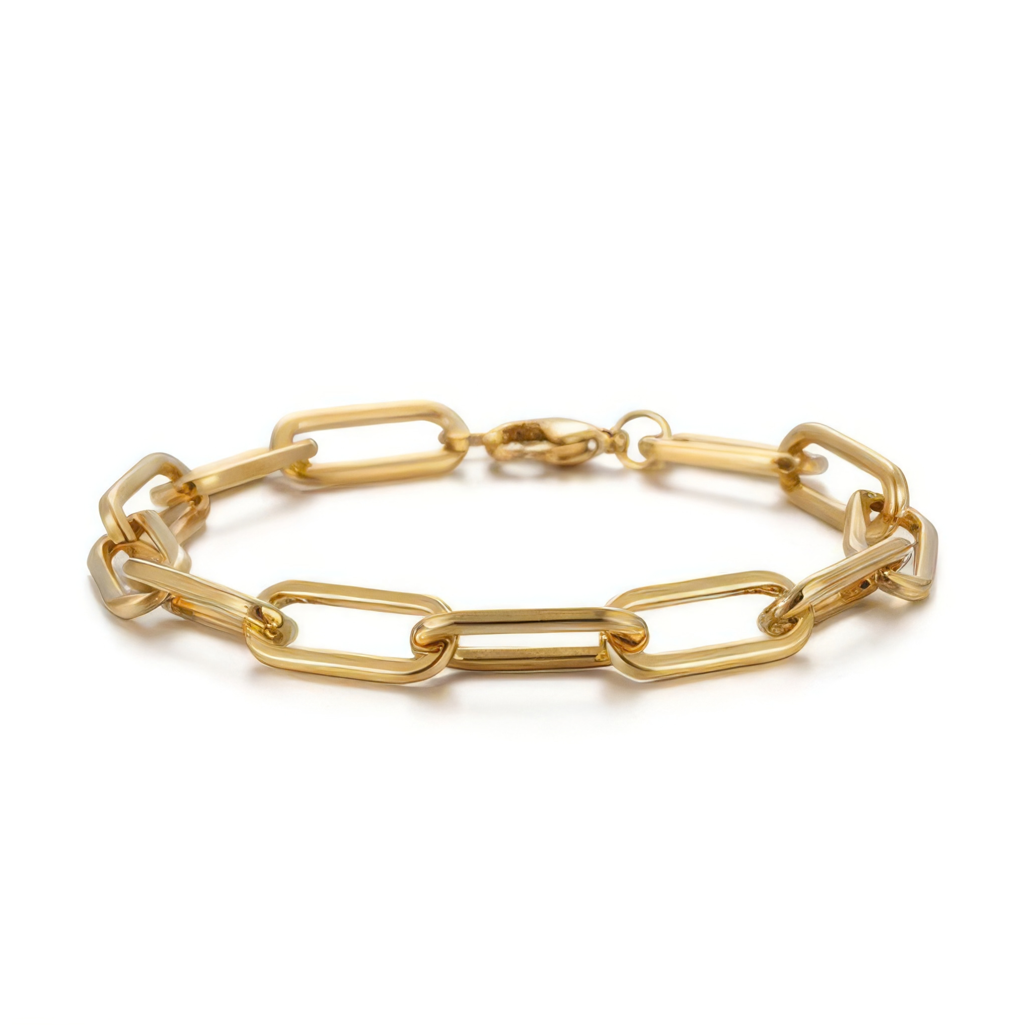 Close up of gold paperclip chain bracelet on a white background
