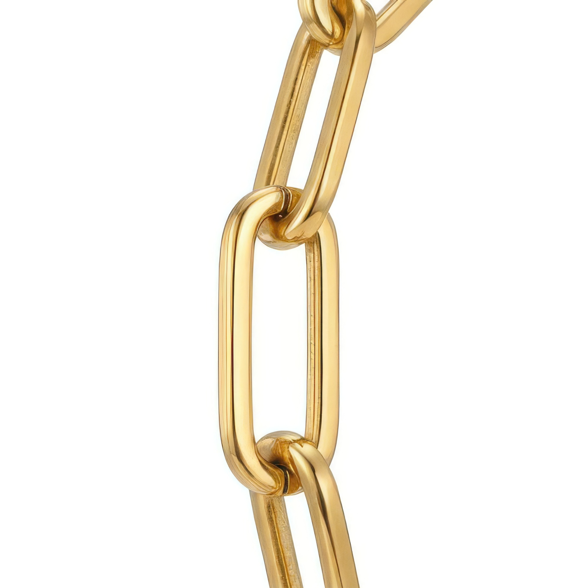 Close up of links of gold paperclip chain bracelet white background