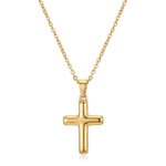 Gold cross necklace on a white background.