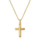 Gold cross necklace on a white background.