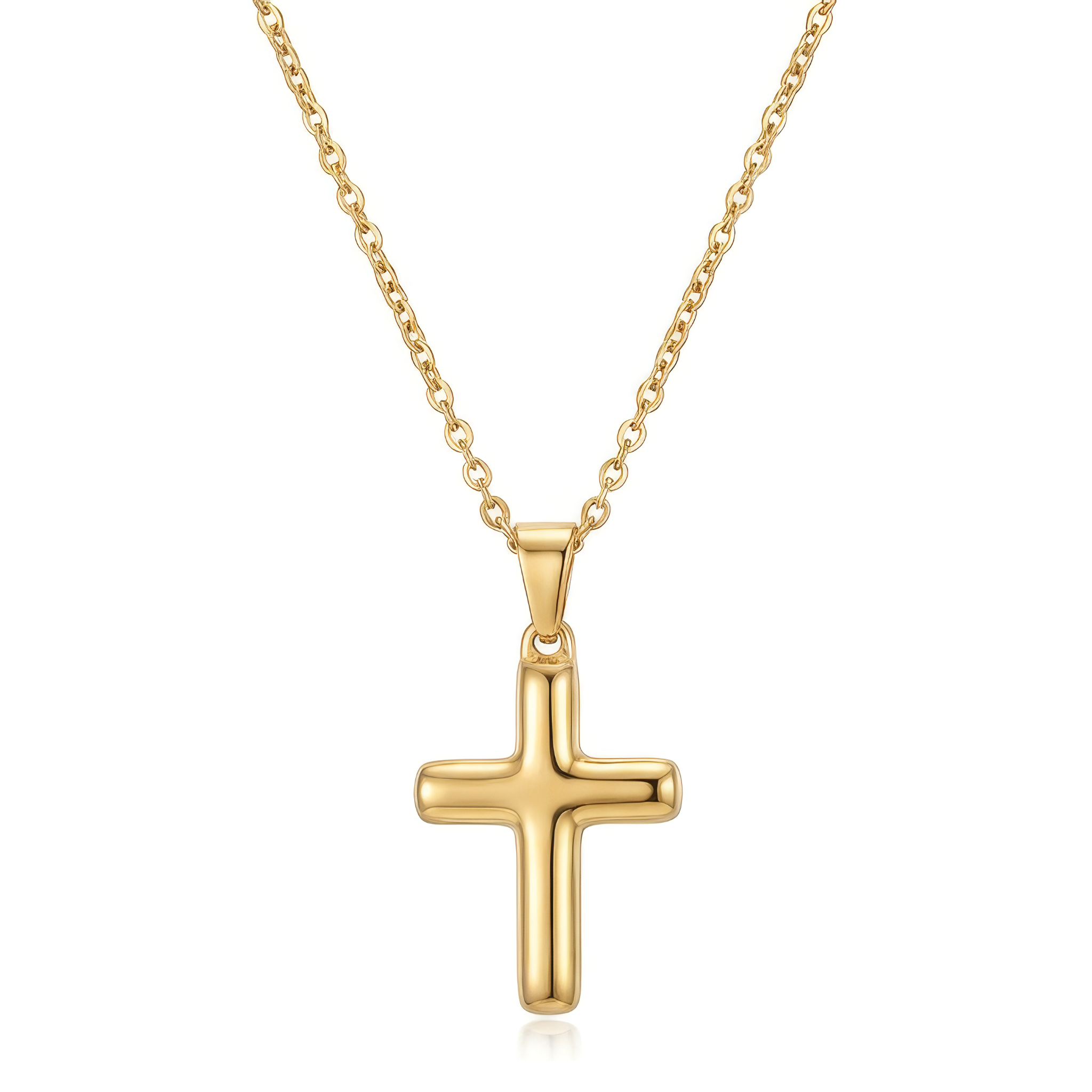 Gold cross necklace on a white background.