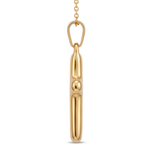 Side view of a gold cross necklace on a white background.