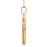 Side view of a gold cross necklace on a white background.